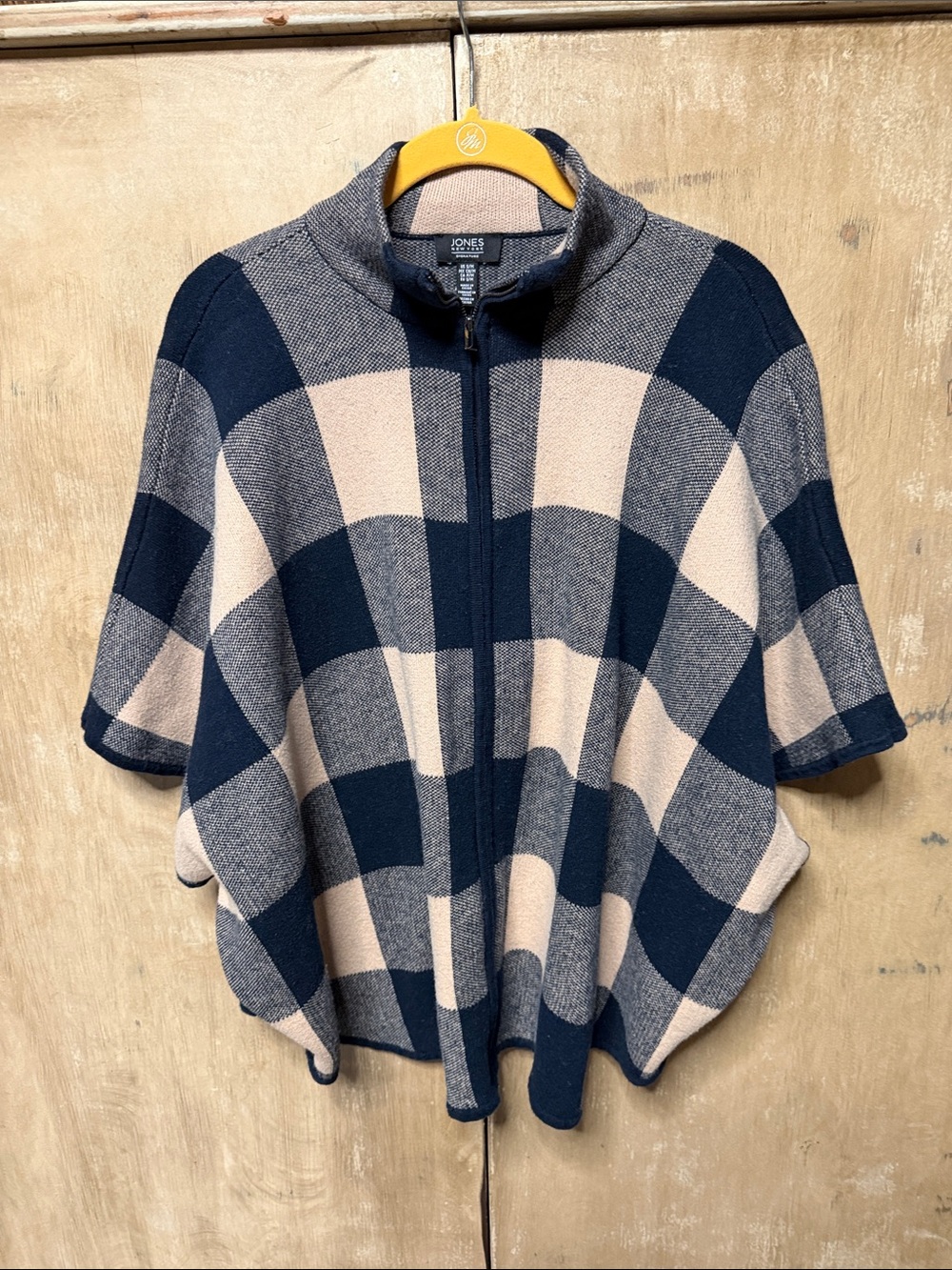 Jones New York Navy and Cream Check Zip-Up Poncho